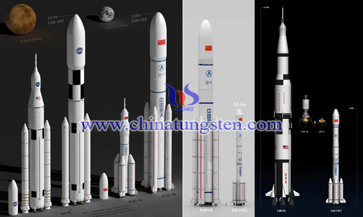 外媒設(shè)想的長(zhǎng)征九號(hào)、長(zhǎng)征五號(hào)和土星五號(hào)重型運(yùn)載火箭等的尺寸對(duì)比圖片