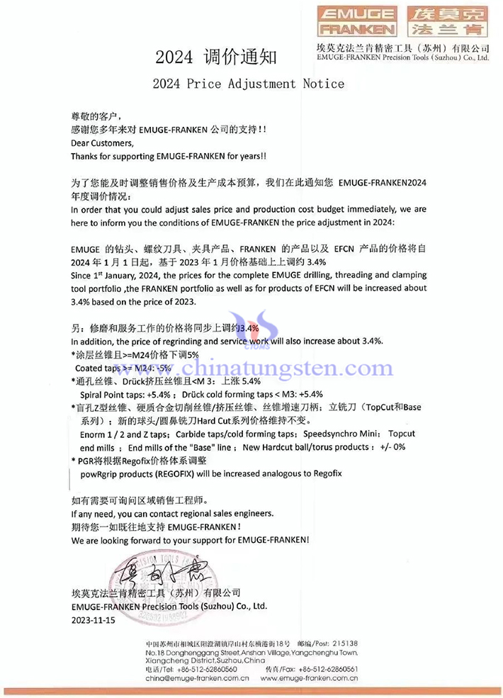 埃莫克法蘭肯精密工具(蘇州)有限公司調(diào)價通知