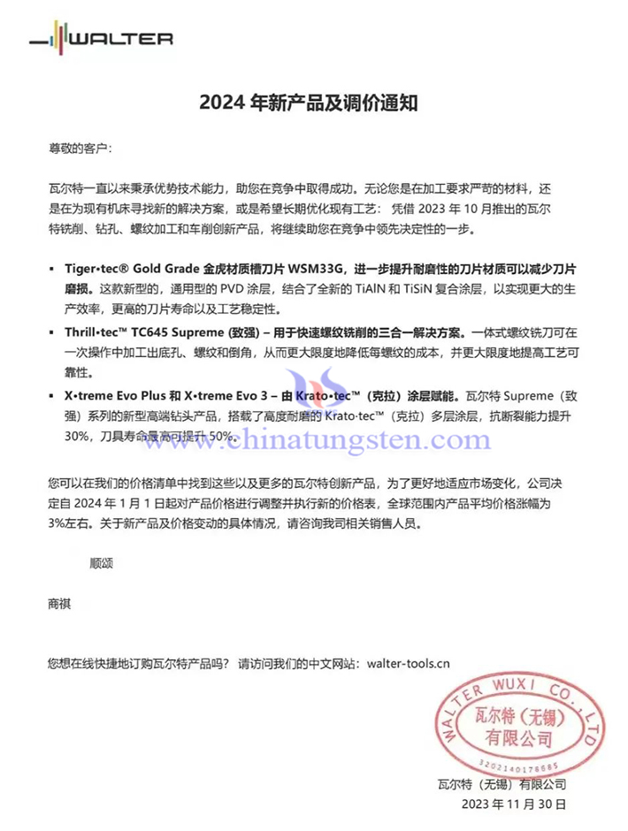 瓦爾特(無錫)有限公司2024年新產(chǎn)品及調(diào)價通知