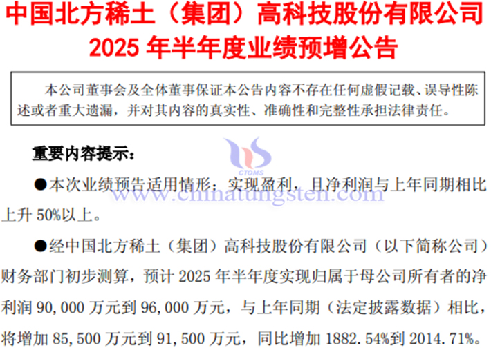 北方稀土2025年上半年淨(jìng)利潤預(yù)增公告
