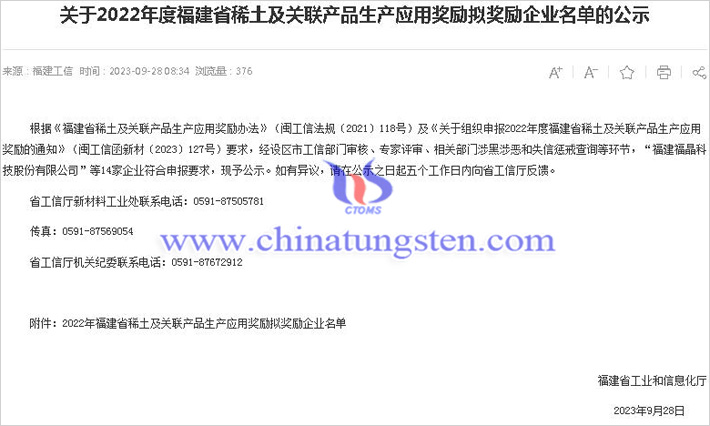 2022年福建稀土及關(guān)聯(lián)產(chǎn)品生產(chǎn)應(yīng)用獎(jiǎng)勵(lì)擬獎(jiǎng)勵(lì)企業(yè)名單公告